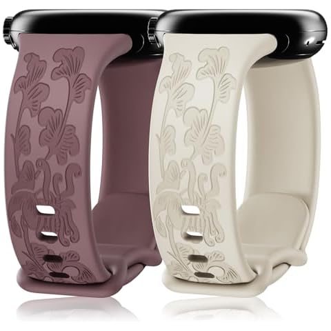 Farluya 2 Pack Floral Engraved Watchbands Compatible with Google Pixel 2/Pixel 3 41mm SmartWatch for Women,Soft Silicone Cute Flower Sport Laser Replacement Strap for Pixel Watch Accessories.Large Cover