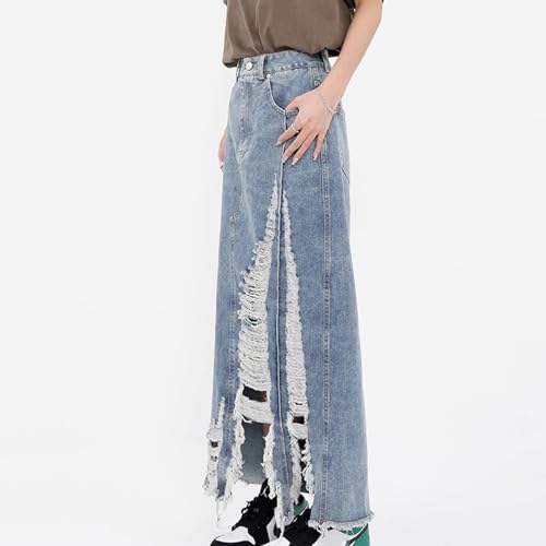 Women's Long Denim Skirt High Waisted Ripped Irregular Frayed Raw Hem A-Line Casual Jean Skirts2