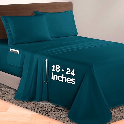 Image of Elegant Comfort Luxurious 1500 Premium Hotel Quality Microfiber 4-Piece Sheet Set, 18-24 Inches Deep - Extra Deep Pocket Sheets - Ultra Soft 4PC Deep Pocket Sheets, Twin /Twin XL, Marine Teal