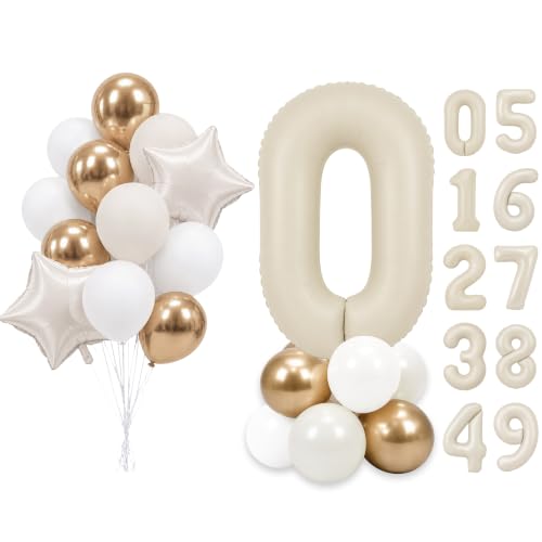Image of PartyWoo Beige Number 0 Balloon 40 Inch 25pcs White Sand Foil Star Gold