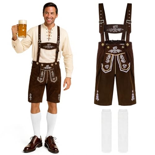 PJT Lederhosen men - Oktoberfest Outfits Men, Brown Suspender Leather Shorts,Calf Socks,Beer Festival German Party Attire L