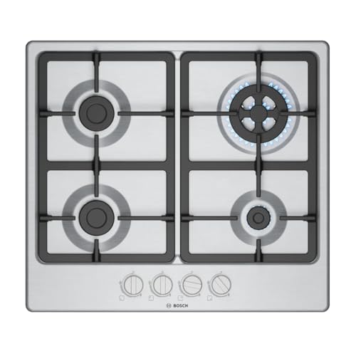 Bosch PGH6B5K90 Série 4 Plateau Cuisson à Gaz, Brûleur Wok : Puissance jusqu'à 3,3 Kw, Grilles en fonte, Acier, 60 Cm, 3 zones + Wok, Inox
