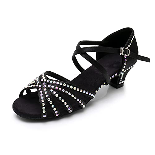 Emily Bridal WX004-2 Zapatos de baile modernos latinos con correa cruzada y diamantes de imitación para mujer, Black, 36.5 EU Cover