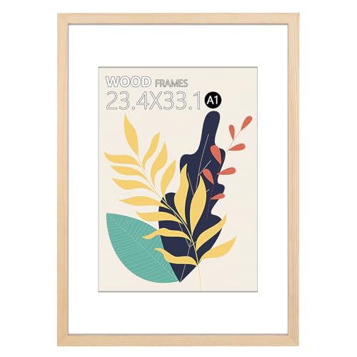 HOHIYO Cornice A1 59.4x84 Cm Cornice Di Legno 59,4x84,1 Cm (A1) Cornice Portafoto In Legno Massiccio Stile Vintage Cornice Per Poster Puzzle Con Vetro Acrilico Antisfondamento Naturale