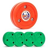 Green Biscuit 4-Pack Snipe New 2.0 Off Ice Hockey Pucks with 1 NHL Puck, Street Hockey Puck for Stickhandling and Shooting Practices - Official (New York Islanders)