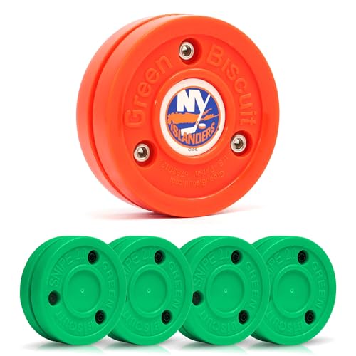 Green Biscuit 4-Pack Snipe New 2.0 Off Ice Hockey Pucks with 1 NHL Puck, Street Hockey Puck for Stickhandling and Shooting Practices - Official (New York Islanders)