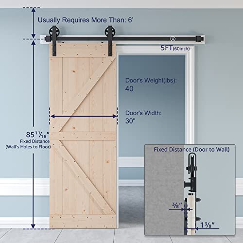 Image of SmartStandard 30in x 84in Sliding Barn Wood Door Pre-Drilled Ready to Assemble, DIY Unfinished Solid Nature Wood Panelled Slab, Interior Single Door, Natural, Frameless K-Shape (Fit 5FT Rail)