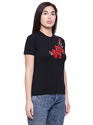 Image of Saundarya Women's Embellished T-Shirt Hosiery Fabric Half Sleeve Round Neck Blue and Red Embroidery Black