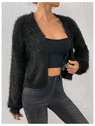 Verdusa Women's Fuzzy Crop Cardigan Long Sleeve Open Front Sweater Shrug Cardigans3