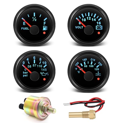 MH 4 Gauges Set - 2-1/16 Oil Pressure Gauge Fuel Level Water Temperature Voltmeter 7 Color Backlight Boat Gauge Set Alarm Marine AUTO Gauges Kit with Sensor (Black)