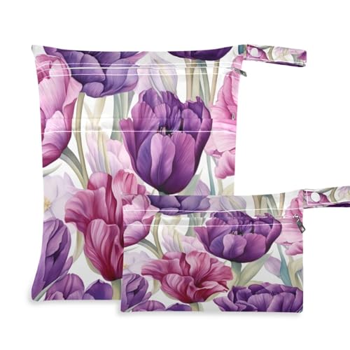 ATTX Purple Tulip Wet Dry Bags 2-Pack - Reusable Cloth Diaper Storage for Travel, Beach & Gym | Multi-Use Waterproof Bags for Swimsuits, Baby Clothes, Sports Gear#82