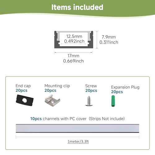 10-Pack 3.3ft/1M U Shape Black Led Aluminum Channel System with Milky White Diffuses Cover, End Caps and Mounting Clips, Aluminum Profile for 12.5mm LED Strip Light Installations, Easy Installation - Thumbnail 2