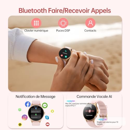 Montre connectée homme femme rond 2 bracelets, 1.27" HD 40mm smartwatch pour iOS Android, Montre sport avec appel Blueto