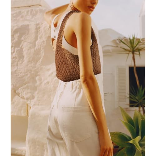 Bolso tejido para mujer, bolso de mano y cartera de cuero vegano, bolso de hombro casual retro para la playa, tote para damas, bolso bajo el brazo miniatura 3