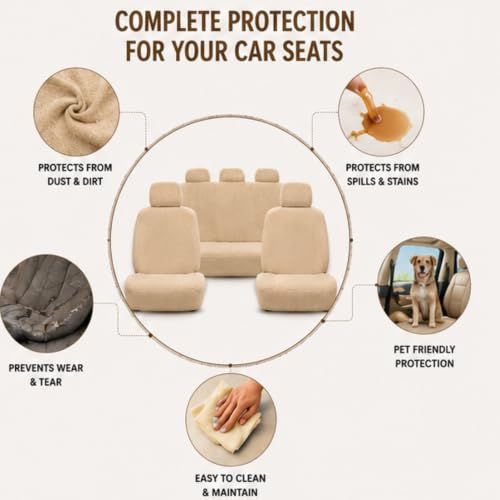 Image of Royal Bharmal Universal Fit Car Seat Cover Towel Set for 5 Seater Cars | 8 Piece Premium Terry Cotton Washable Seat Covers | Breathable Sweat Absorbent Seat Protectors (Beige)