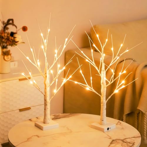 2er Set Led Birken LichterbäUme,60cm Dekozweige Mit 24 WarmweißEn...