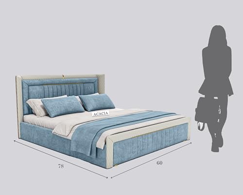 Image of Acacia Modern Upholstered Queen Size Bed with Box Storage for Bedroom | Wooden Double Bed with Storage | Platform Cot Bed with Upholstery Premium Fabric | 6.5 x 5 Ft, Sheesham Wood, Light Steel Blue