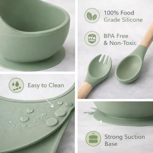 Image of 6PCS Silicone Baby Feeding Set - Suction Plate, Bowl, Bib, Spoon, Fork, Cup - BPA-Free, Non-Toxic, Microwave & Dishwasher Safe for Toddlers 6+ Months - Green