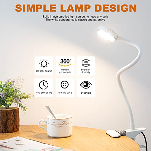 Clip On Desk Lamp For Home Office,Aluminum Reading Light For Books In Bed,Dimmable 360° Adjustable Gooseneck Small Desk Lamp,White Usb Powered Eye Friendly Clamp Night Light #TOP5