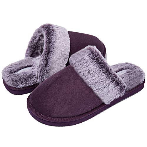 WOTTE Women's Faux Fur House Slippers Scuff Furry Memory Foam Slip On for Indoor Purple Size 12-13
