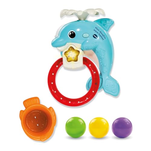 VTech - Mon Dauphin Aqua Basket, Jouet de Bain Bébé, Animal Interactif avec Panier de Basket, 3 Balles, 2 Ventouses de Fixation, Cadeau Enfant Garçon et...