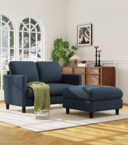 Image of Welzona Loveseat Sofa with Ottoman, 51 inch Small L Shaped Teddy Couch Sofa | Comfy Teddy Fabric, Tool-free Setup, Washable Covers, All-wood Couch Sets for Living Room, Bedroom, Small Spaces, Blue Grey