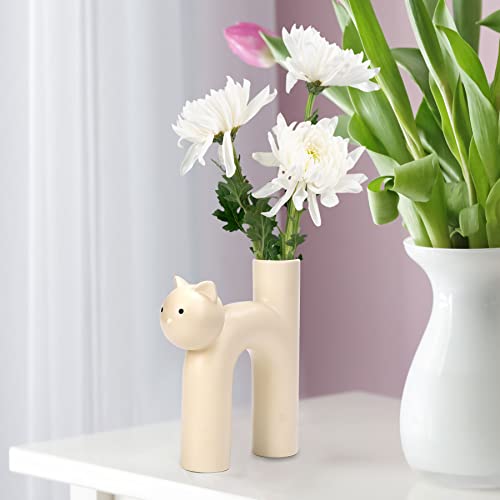 Bigpipi Cute Cat Shaped Ceramic Flower Vase For Home Bedroom Office Coffee Table Centerpieces, Unique Modern Aesthetic Decorative Vase, Funny Cat Lover Gift (White) #TOP4