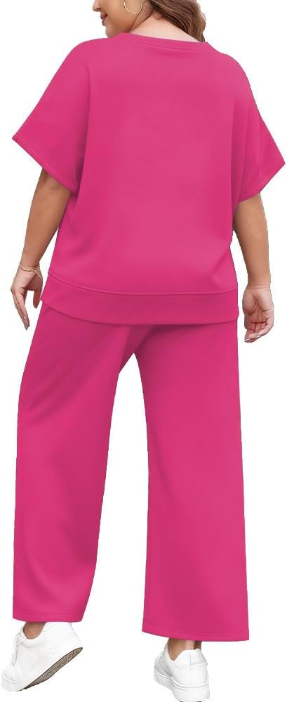 TOPSRANI Womens Plus Size Casual Sweatsuits Lounge Short Sleeve Tracksuit 2 Piece Outfits Baggy Wide Leg Crop Pants Sets - Image 2