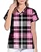 AMOMA Women's V-Neck Checkered Argyle Plaid Print Nurse Tops Short Sleeve Scrub Shirts with Two Pockets(M,BlackPinkPlaid)