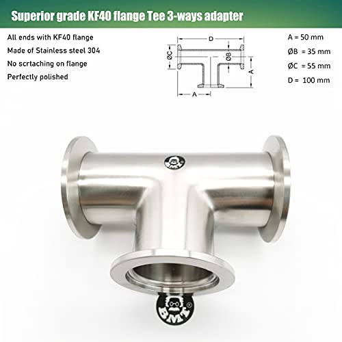 Image of bmotiontech Superior Grade - KF40 Tee 3-Ways Vacuum Adapter, All Ends with KF-40 (NW40) Flange, Made of Stainless Steel 304, Finely Polished