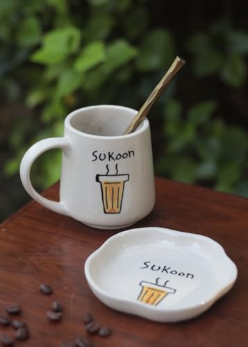 Image of WEAVING HOMES Handcrafted Ceramic Mug 300 ml & Dessert Plat (Set of 2, Multicolor) - Coffee Mugs and Dessert Plates for Birthday Gifts, Mugs for Office and Travel