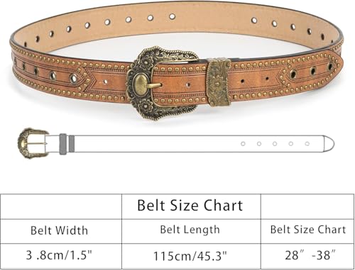 Women Vintage Carved-Buckle Western-Leather-Belts - Cowboy Cowgirl Rivet-Belt for Jeans Pants Dresses2