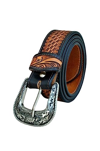 Western Genuine Leather Floral Tooled Casual Jeans Belt With Removeable Buckle 30AB1072