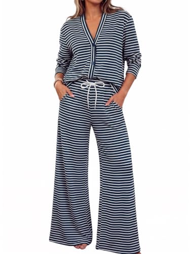 Fisoew Womens 2 Piece Lounge Set Striped Cardigan Pant Sets Travel Outfits - image 1