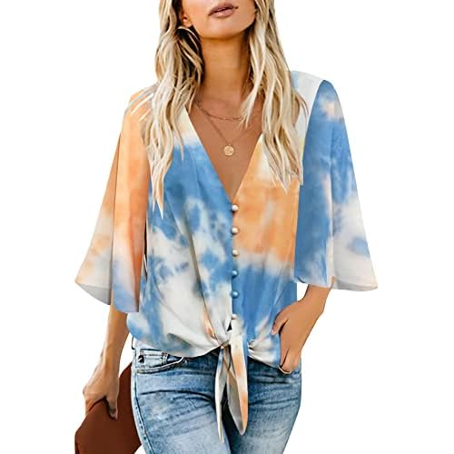 luvamia Women's V Neck Tops 3/4 Sleeve Tie Knot Floral Blouses Button Down Shirts Small Tye Dye Blue