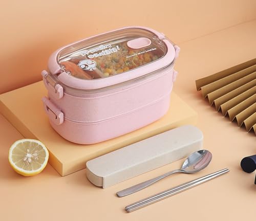 HeyDear 弁当箱 保温弁当箱 ランチボックス ランチジャー ステンレス 真空断熱 2段 大容量 漏れ防止 保冷保温 広口 持ち運び便利 通勤 通学 オフィス ピクニック 運動会 学生 サラリーマン 女性 箸+スプーン付 ブルー (箸+スプーン,ピンク