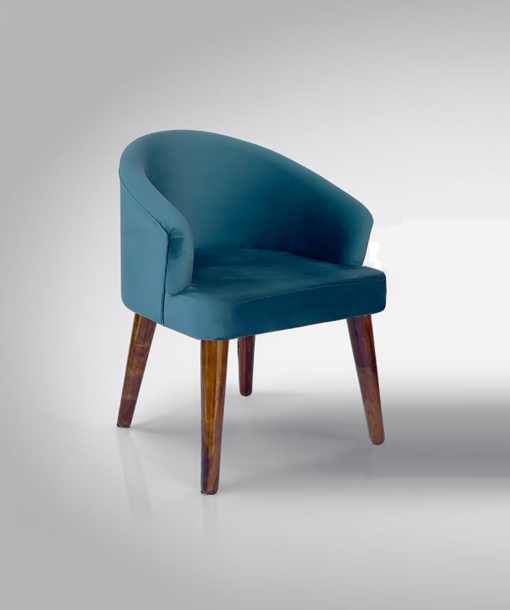 Image of CRAFT D ARTS Wooden Upholstered Dining Chair | Single Accent Chair for Living /Drawing Room, Bedroom & Office | Upholstery Barrel Arm Chairs with Velvet Fabric | Sheesham Wood Legs, Blue