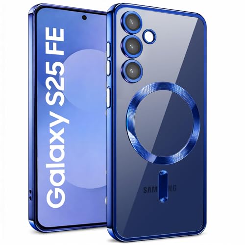Image of VONZEE Clear Logo Electroplating Transparent Case for Samsung S25 FE 5G, Magnetic Plating [Support for MagSafe Charger] Electroplate TPU Cover, Individual Camera Protection for Each Lens - Blue