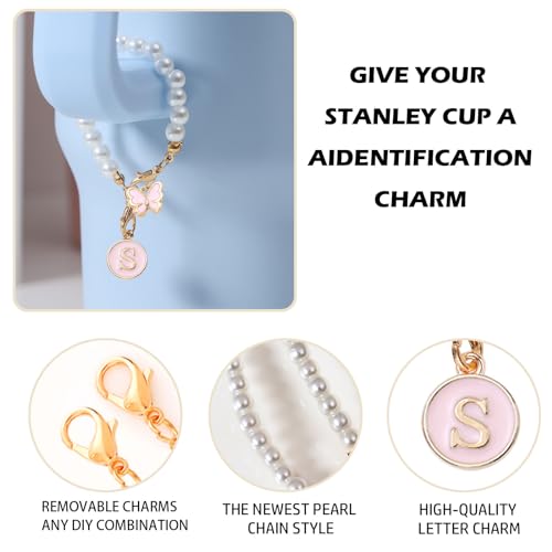 Image of Accessories for Stanley Cup Pearl Chain Initial Accessoriess for Handle Stuff Decor Water Bottle Jewelry Tumbler Cute Simple Modern Personalized Name ID Decorations Letter Pink Tag S
