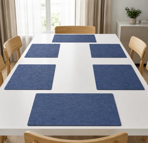 Image of Yelona Premium Faux Leather Placemat Set of 6 | Printed Floral Design, Waterproof & Heat Resistant Table Mat | Non-Slip, Washable for Dining, Kitchen & Home Decor (Dark Blue, 43 x 30 cm)