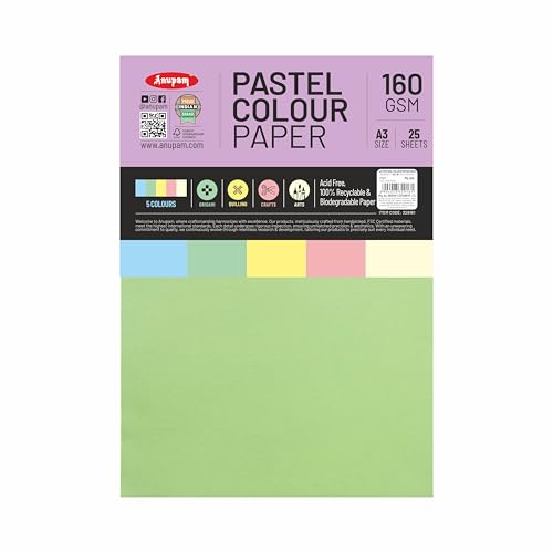 Image of Anupam A3 Pastel Colour Loose Paper 160gsm 5 Colors Paper for Arts, Crafts, Quilling, Origami