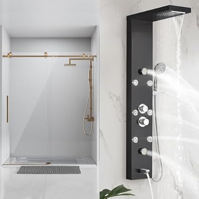 DELAVIN 56-60" W x 75" H Frameless Sliding Shower Door, Glass Door with 5/16" (8mm) Clear SGCC Tempered Glass Gold + DELAVIN Shower Panel Stainless Steel 5-Function Shower Tower