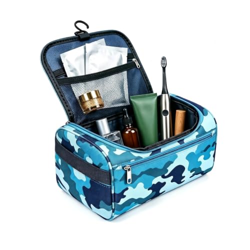 Camouflage Wash Bag for Boys Kids Men Waterproof Toiletry Bag with Hanging Hook Portable Travel Wash Bag for School Gym Camping Dorm Bathroom Organizer Blue Camo 1 PackBlue M