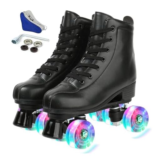 Womens Roller Skates Light Up Wheels, Artificial Leather Adjustable Double Row 4 Wheels Black Roller Skates Shiny Roller Skates Outdoor (Flash Wheel,43-US: 10)