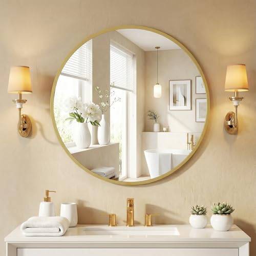Image of NEWBULIG 20 Inch Round Wall Mirror, Bathroom Mirrors for Over Sink, Matte Metal Framed Circle Vanity Mirror, Wall Decor for Bedroom, Entryway, Anti-Rust, Tempered Glass, Hanging or Leaning, Gold