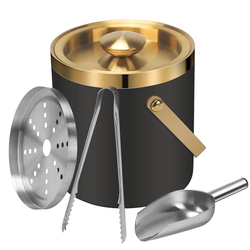 Ice Bucket, 2L Double Walled Insulated Small Ice Bucket with Lid and Tongs, Scoop, Strainer, Stainless Steel Champagne Bucket for Home Bars Restaurant Parties BBQs, Black and Golden