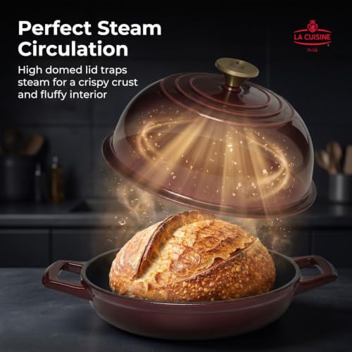 Image of La Cuisine Enameled Cast Iron Round Bread Dutch Oven for Sourdough Crusty Bread & High‑Heat Baking. Oven-Safe 550F /287C, Internal Matte Black Enamel Coating, 5 QT, Cranberry