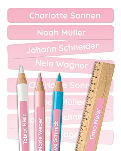NEU - Namensaufkleber Kinder für Schule & Kita (75 Stück, einfarbig) - Personalisierte Aufkleber mit Namen für Stifte und Schulsachen - Wasserfest in Spülmaschine - Rosa Cover
