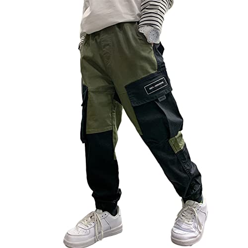 Rolanko Pantalones Cargo De Camuflaje para Niños, Corredores De Algodón con Múltiples Bolsillos y Cintura Elástica para Niños, Army Black, Tamaño: 150