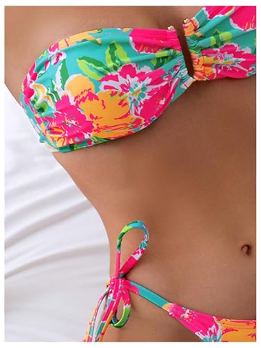 Bikini bandeau d'exception bleu à imprimé floral maillot de bain de créateur XL